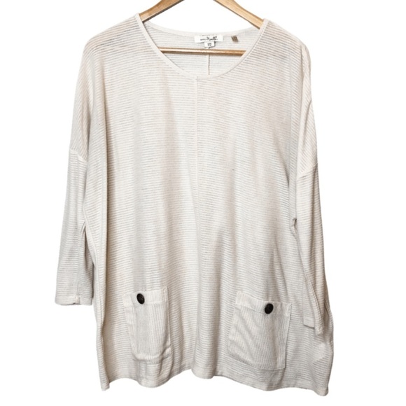 Simply Noelle Tops - Simply Noelle Cream Striped V-Neck 3/4 Sleeve Tunic Top with Pockets Women's S/M